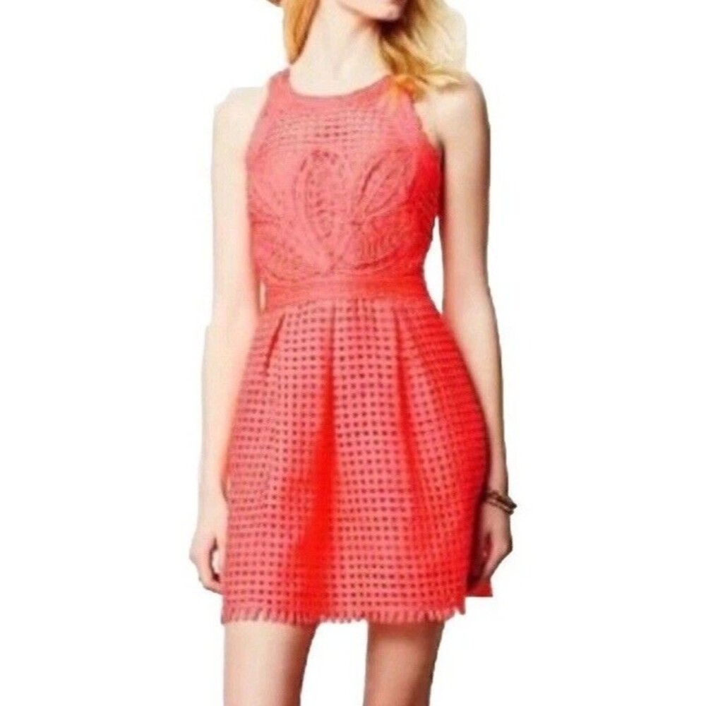 Yoana Baraschi Anthropologie Coral Eyelet Dress Size 10 Fit & Flare Sleeveless